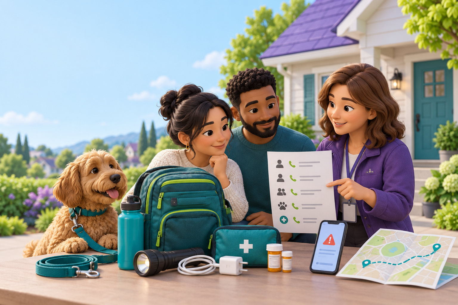 A renter, dog, and property contact prepare an emergency bag and review a contact sheet, alert phone, and evacuation map