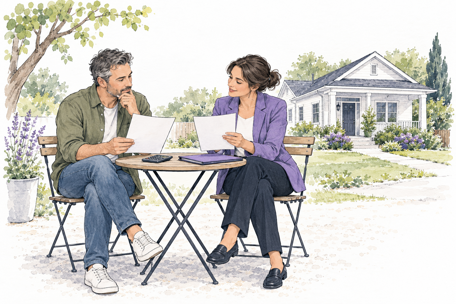 A rental owner and adviser compare blank loan sheets at a small table beside a rental home