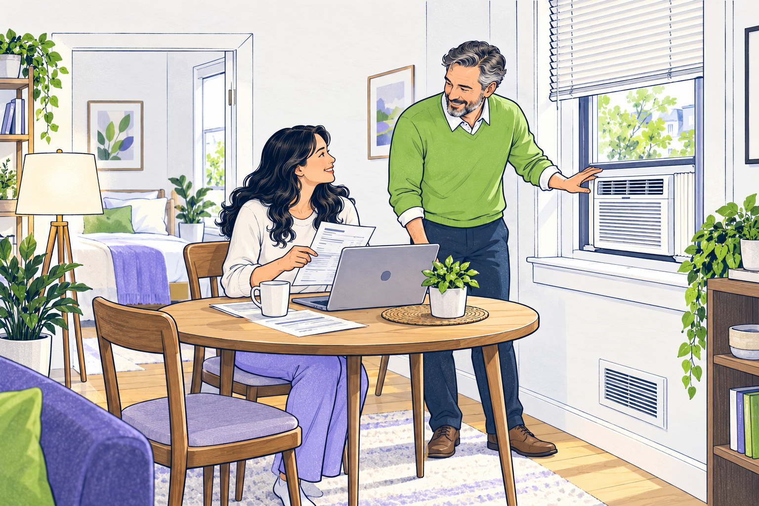 A renter and property owner review a utility bill beside a shaded window air conditioner in a bright apartment