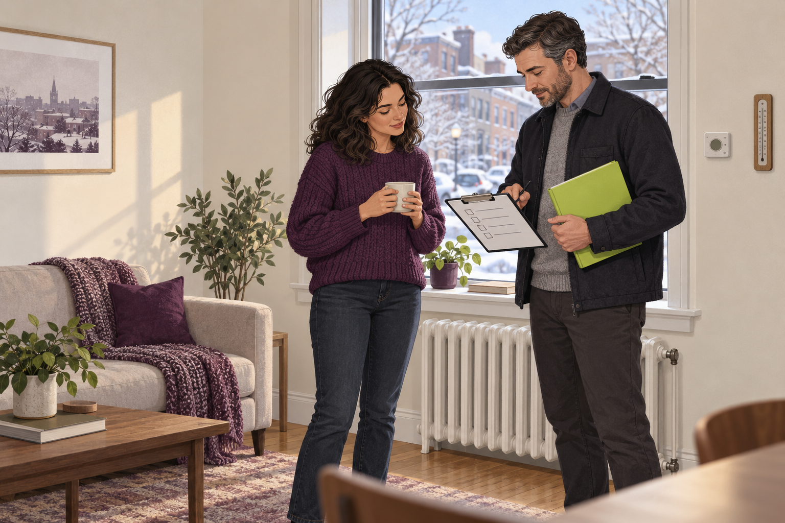 A resident and property owner review a heating repair checklist beside a radiator, room thermometer, and thermostat in a winter apartment
