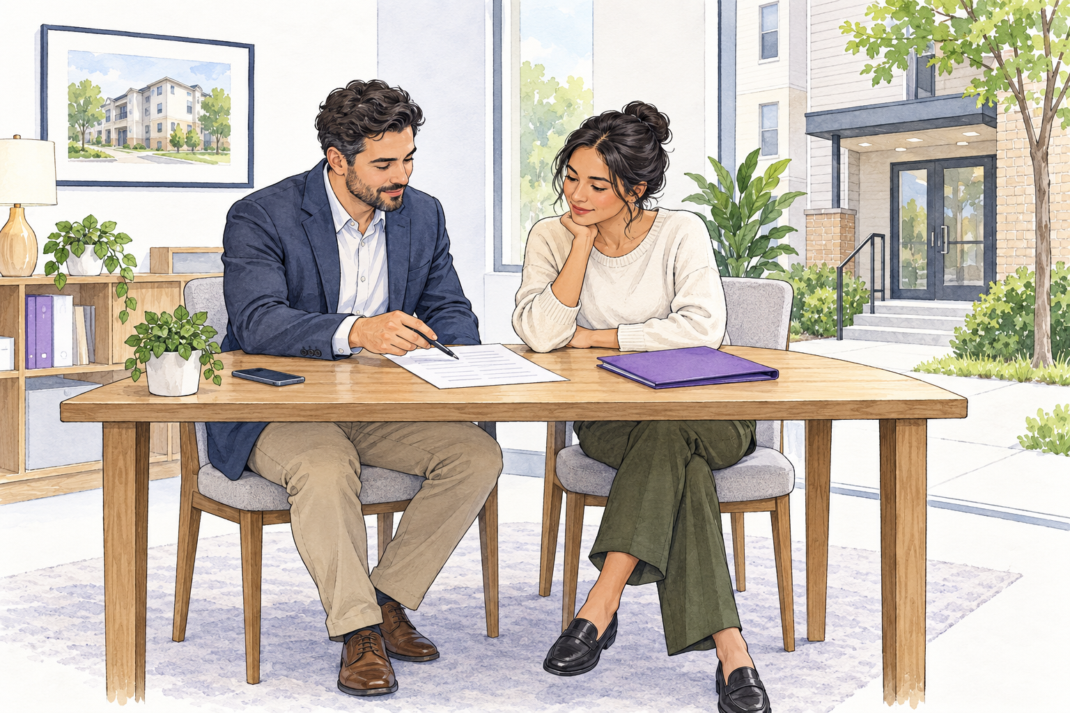 Original navy-ink and purple/lime watercolor illustration of adults reviewing a factual rental record beside a modest building entrance