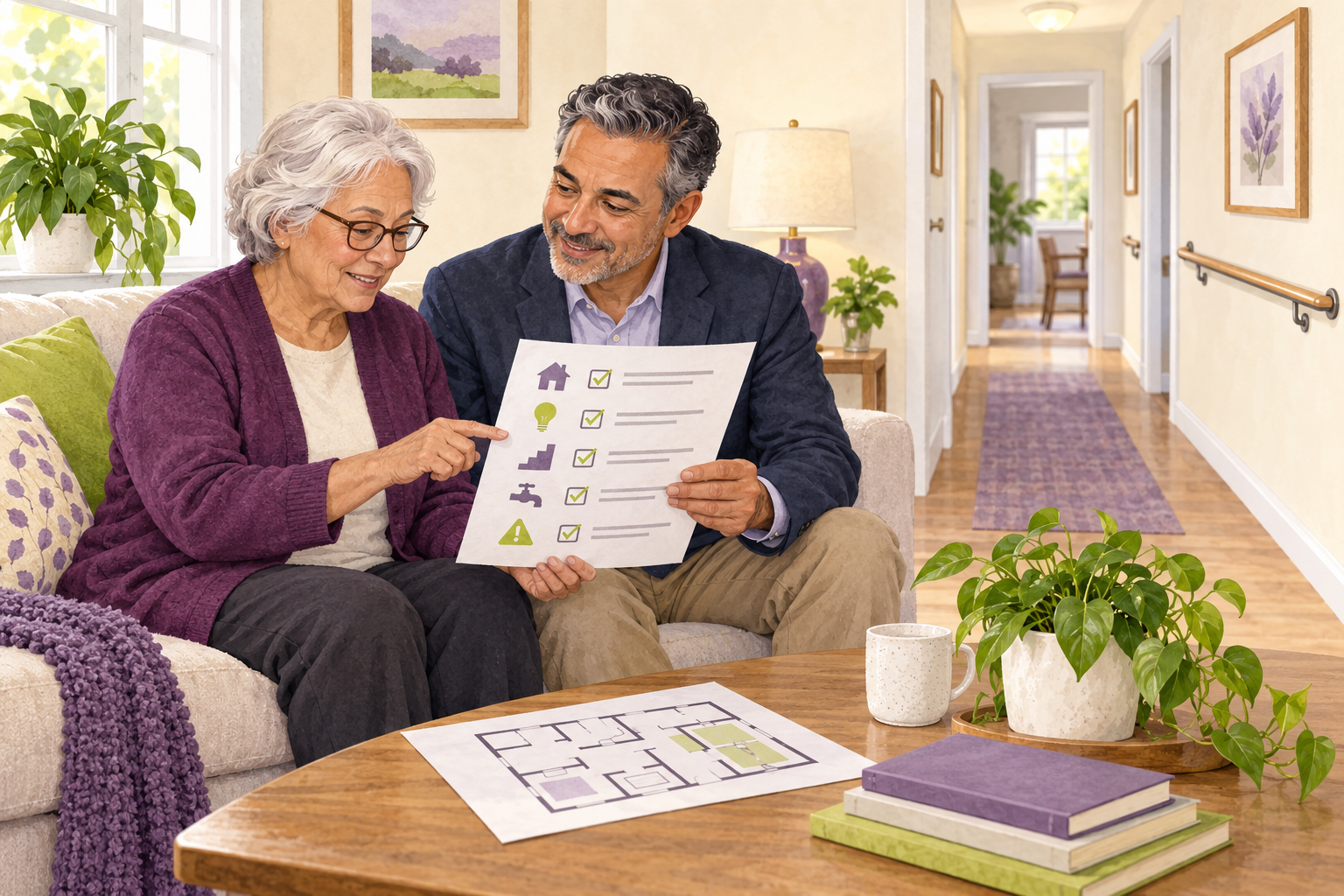 An older adult renter and property owner review a home-safety checklist together beside a clear, well-lit hallway with a secure handrail