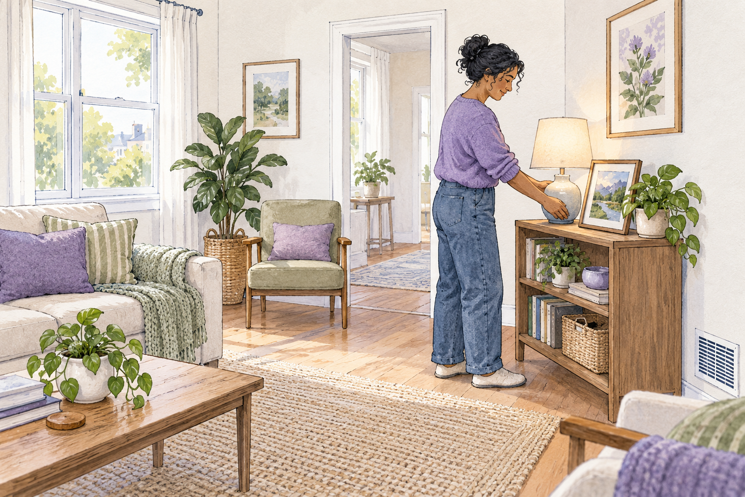 Watercolor and ink illustration of a resident arranging a lamp, framed art and plants in a bright rental living room with a clear path