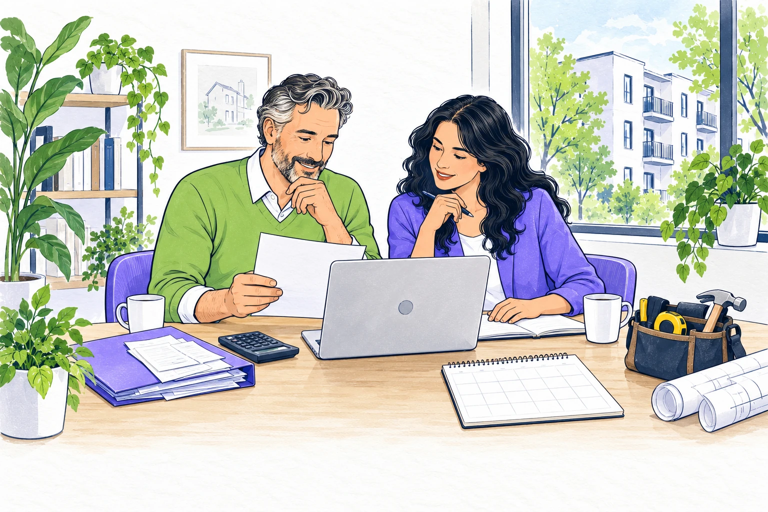A rental owner and colleague review property notes with a laptop, calculator, receipts, calendar and renovation tools beside an apartment window