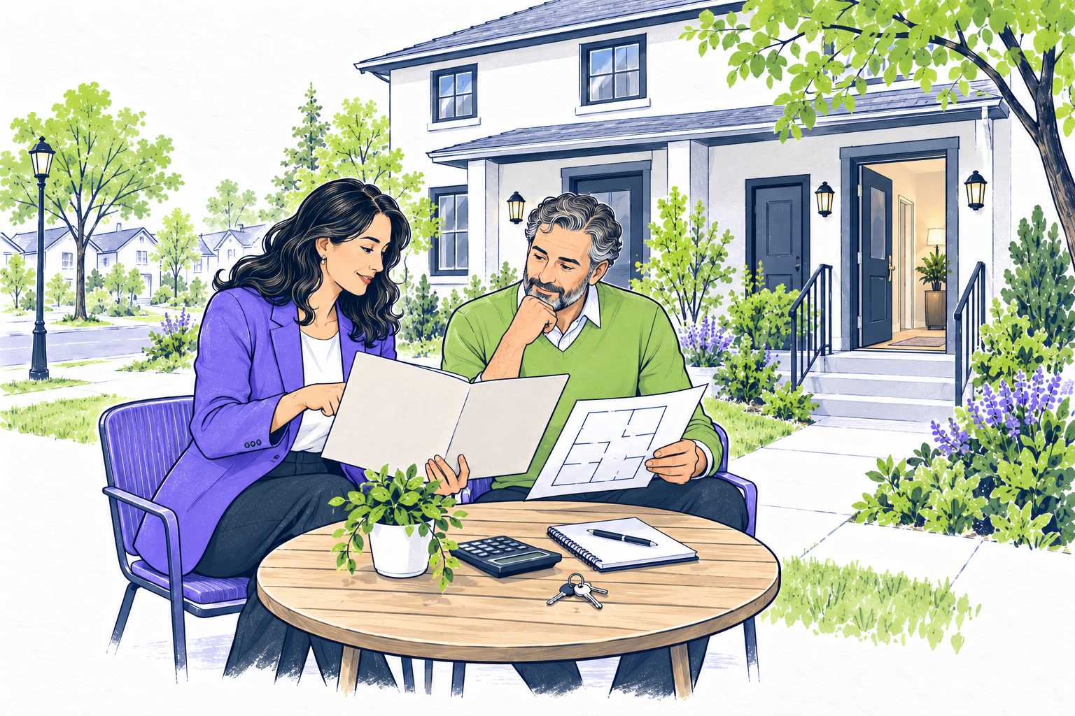 An owner and rental professional review blank property documents with a calculator and keys outside a duplex