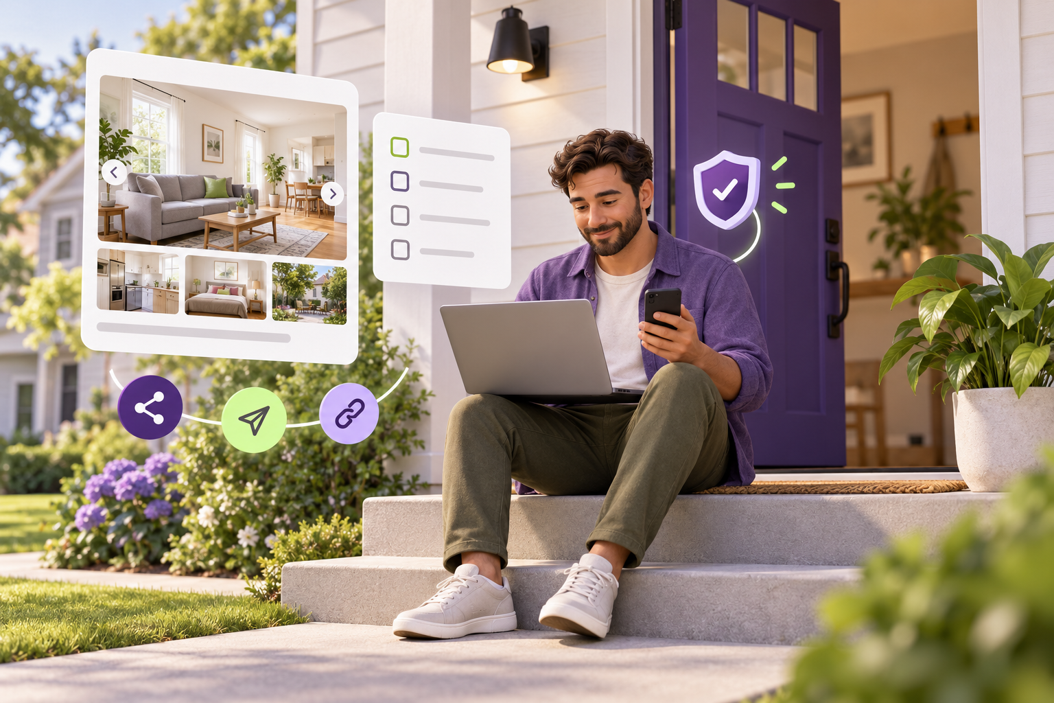 A landlord checks an accurate rental listing and photos on a laptop and phone at the home, with a violet door and a simple verification symbol.