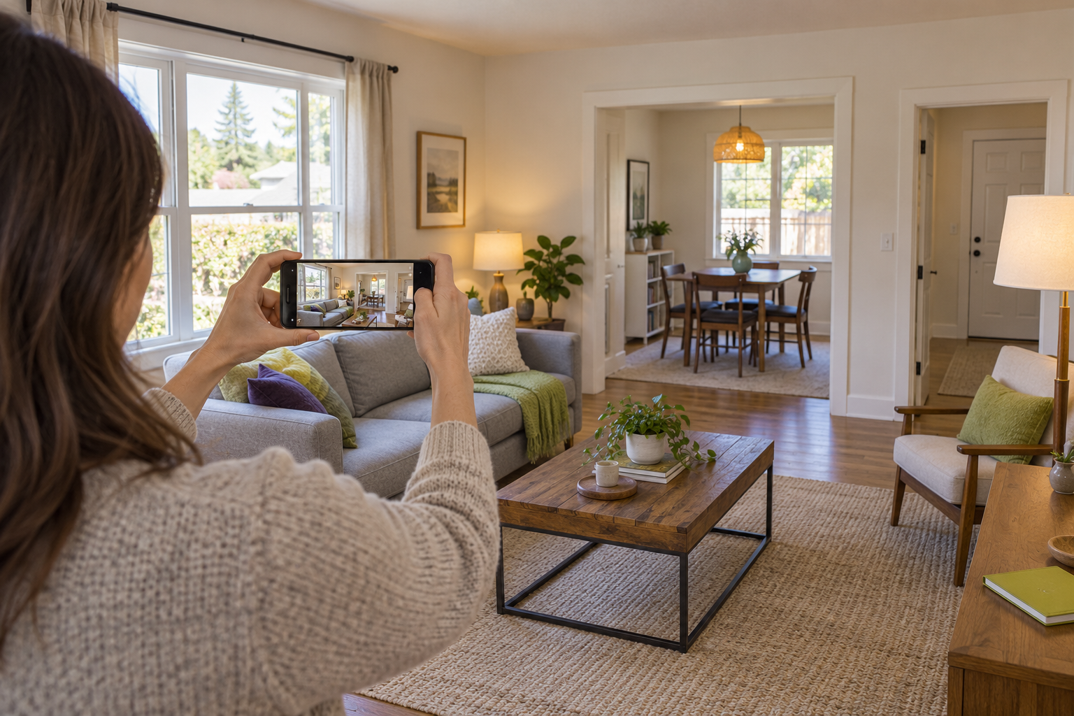 A property owner uses a smartphone to photograph a bright rental living room with a level view through to the dining nook