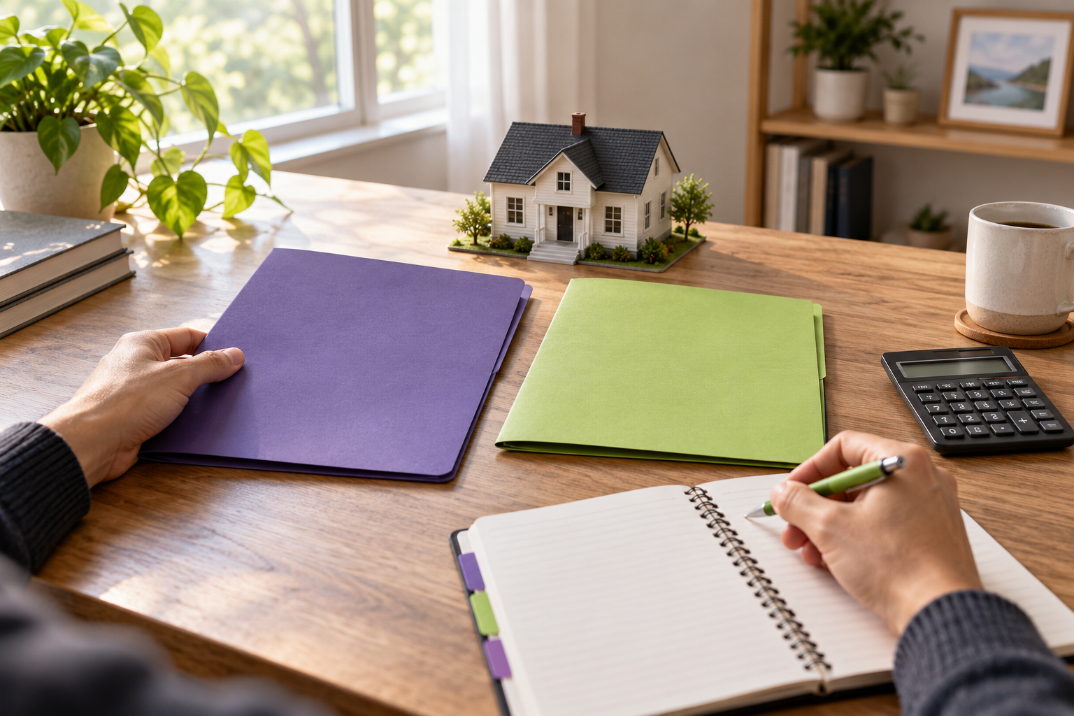 An owner compares blank folders and a small rental-house model while planning business records