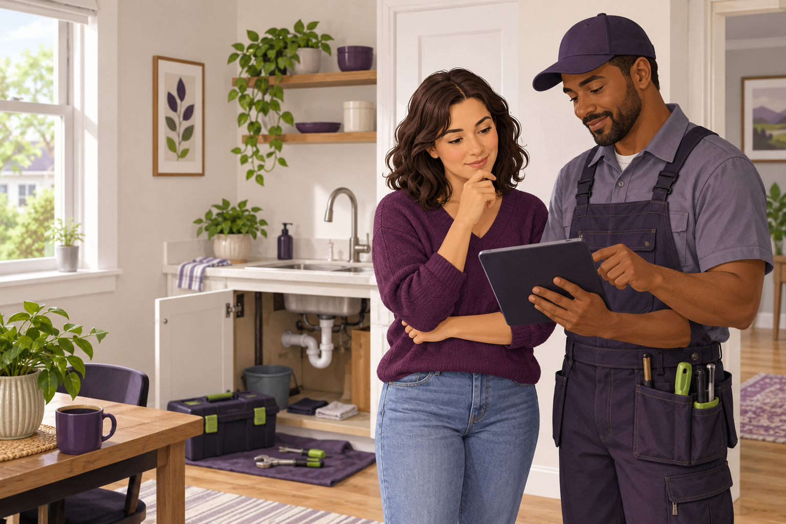 A rental owner and maintenance professional review a repair scope and estimate on a tablet before work begins