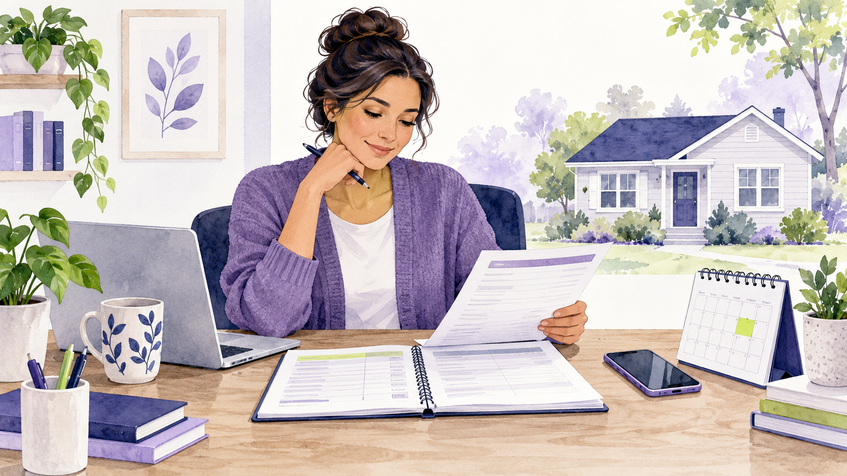 Original purple and navy editorial illustration of a rental property owner reviewing loan papers and a cash-flow ledger beside a calendar and phone