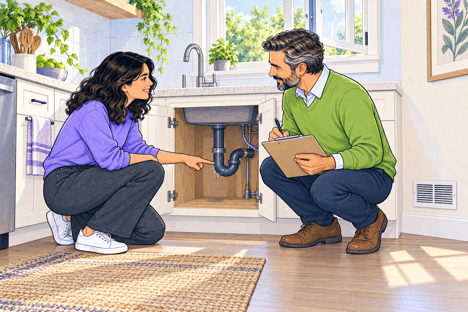 A renter points out a drip beneath a kitchen sink while a housing provider notes the condition on a checklist; a window is open and an air vent stays clear