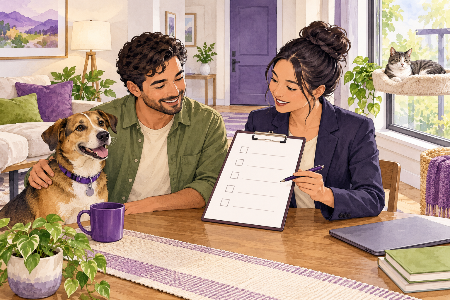 Resident and housing provider reviewing animal-related paperwork beside a dog and cat