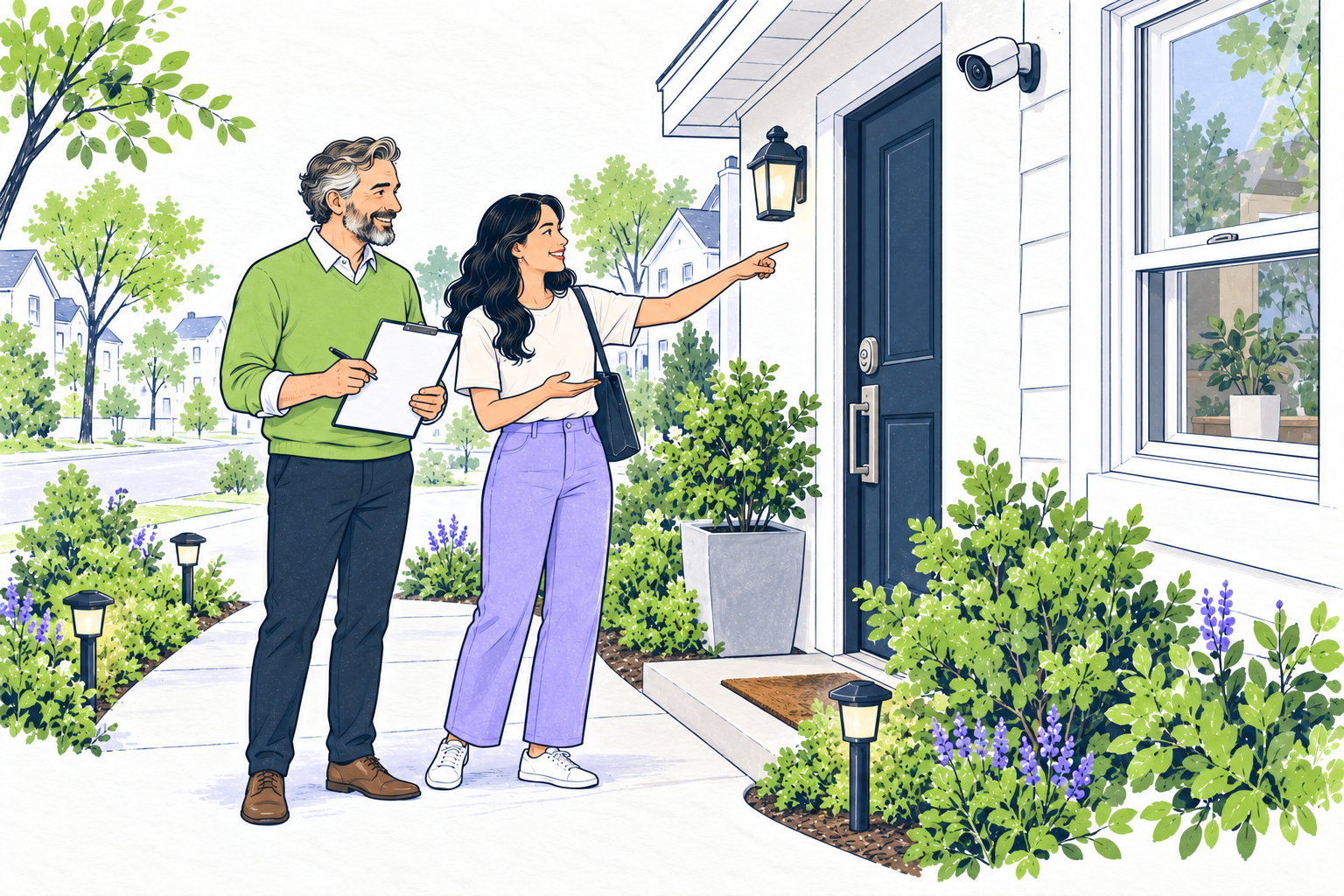 Original watercolor and ink illustration of a landlord and renter reviewing a rental entry, deadbolt, pathway lights and an exterior camera together