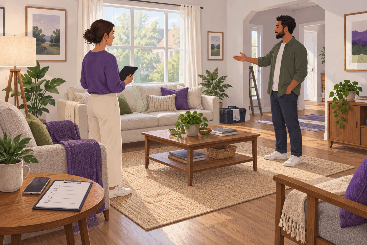 Editorial illustration of a rental living room arranged for a showing, with clear walking space and an owner reviewing the room