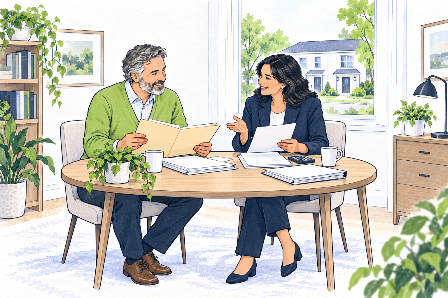 A rental owner and tax preparer review blank property records and a calculator at a table with a duplex visible through the window