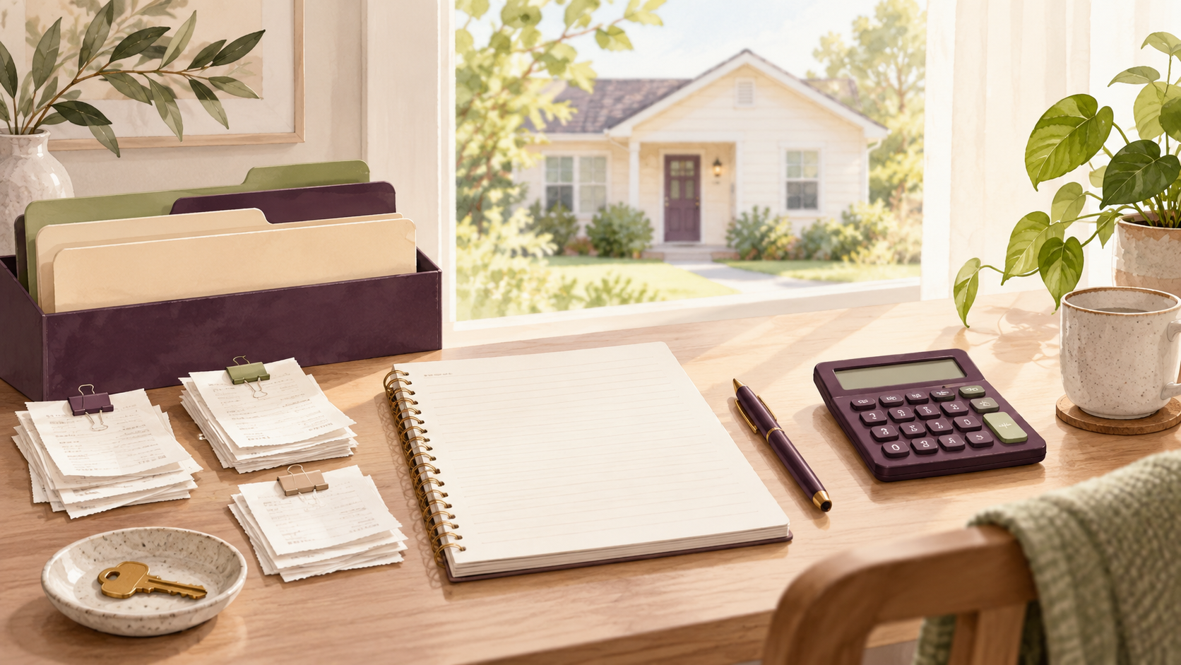 A warm, original illustration of organized rental records, a calculator, and a small rental home, with plum and lime accents