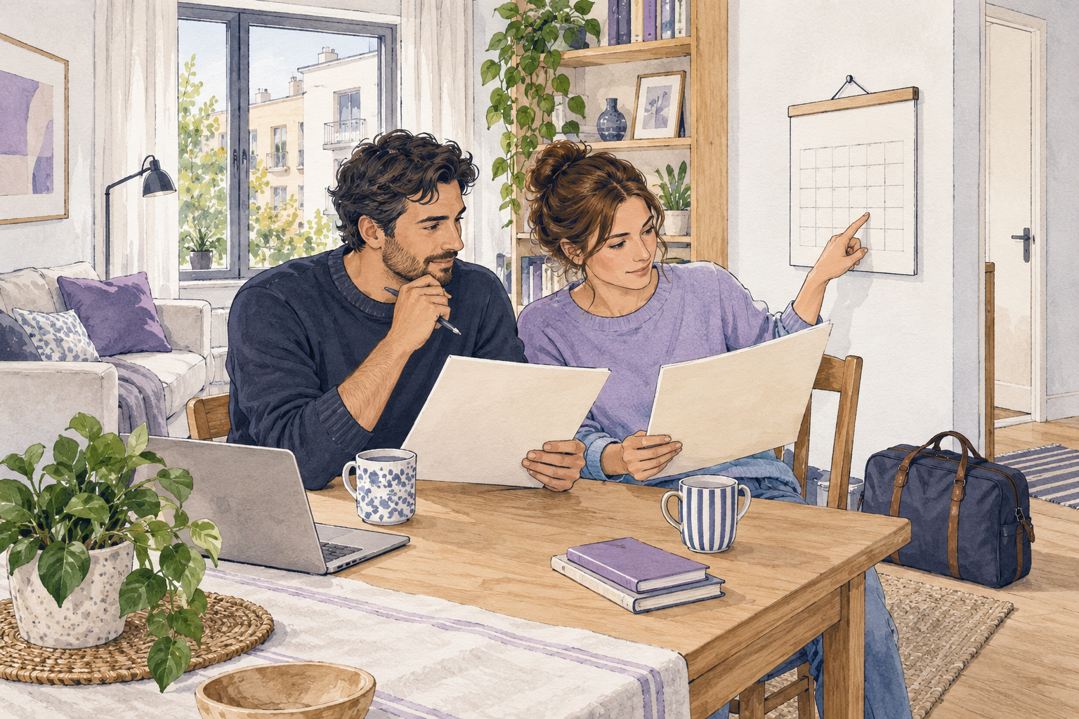 Original navy-ink and purple/lime watercolor illustration of two renters comparing blank agreement folders and a calendar in a bright rental living room