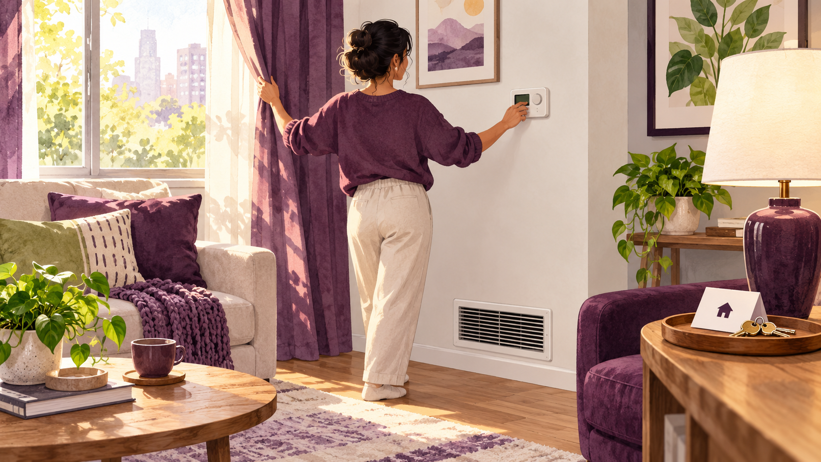 Original illustration of a renter using existing curtains and a thermostat in a comfortable apartment with an unobstructed floor vent