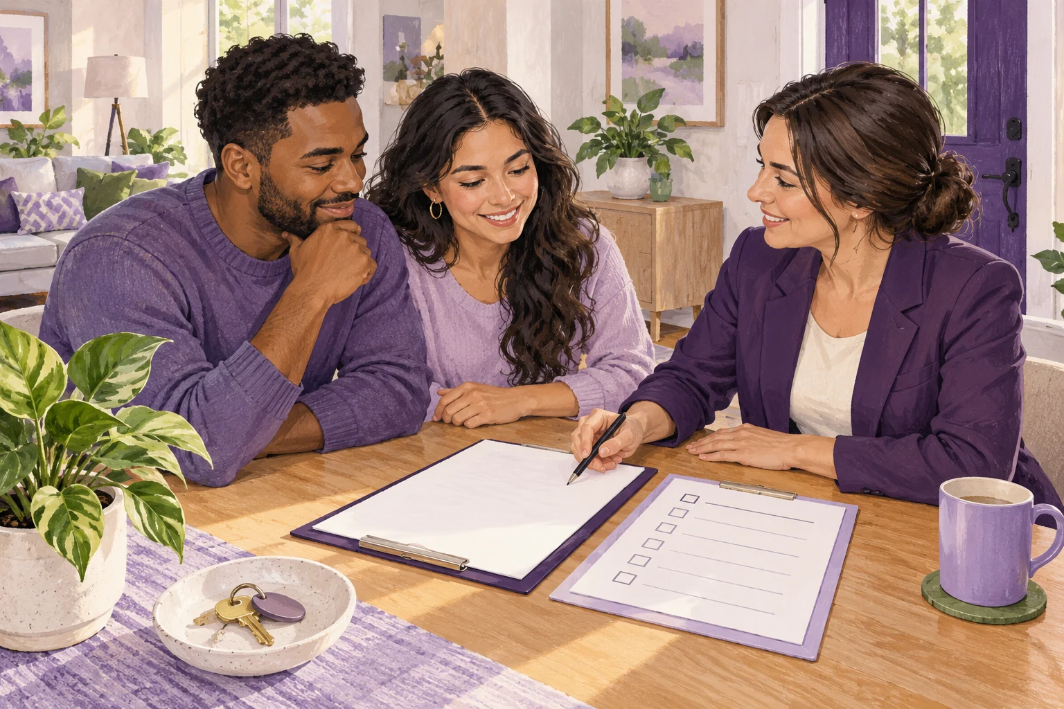 A renter couple and a housing provider calmly review a blank lease and a rights checklist together in a bright rental home.