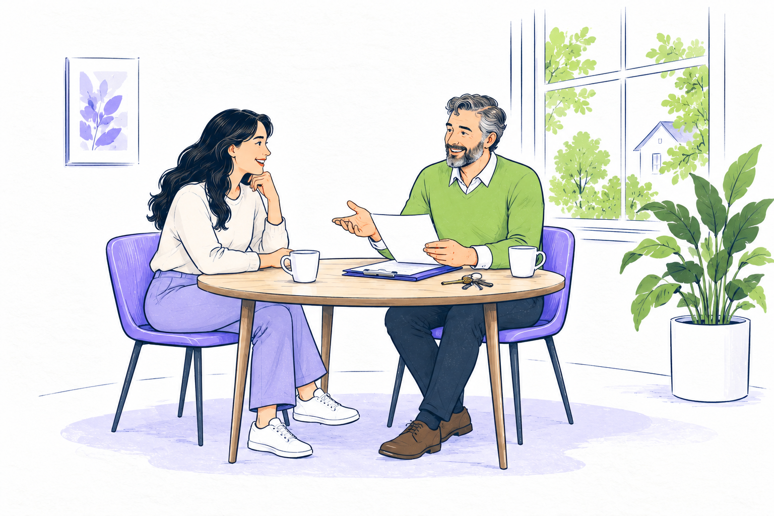 A renter and landlord compare a blank lease, state-law folder, keys and unmarked calendar in a welcoming rental home
