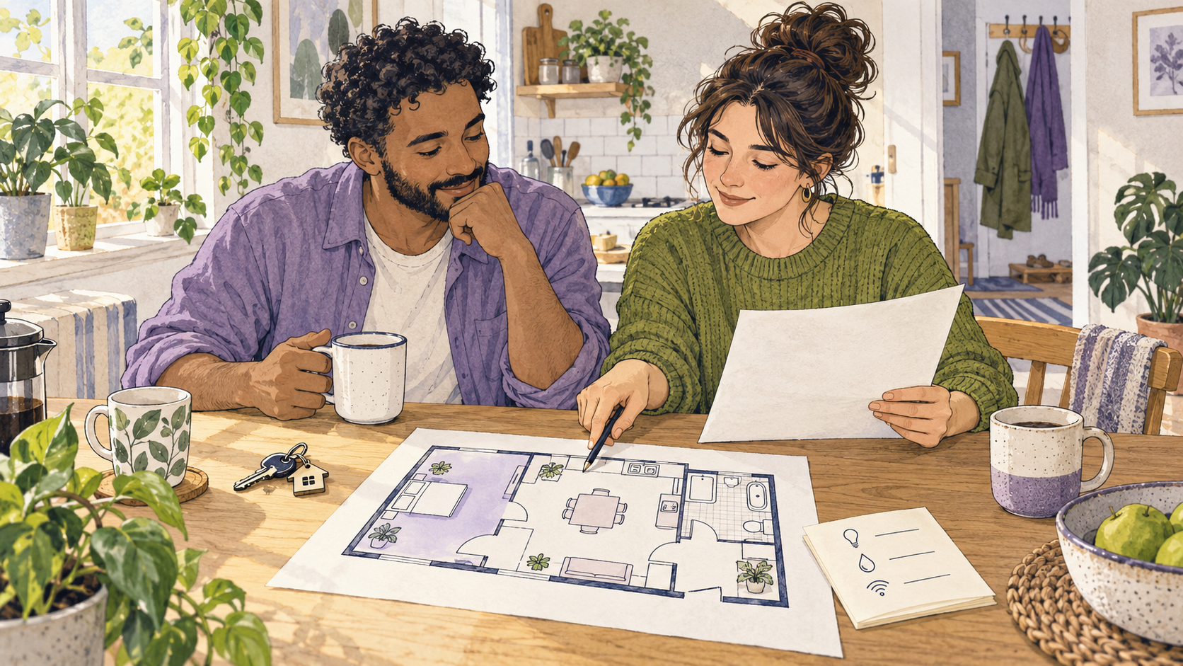 A renter and housing provider review a room-rental agreement and shared-space checklist at a kitchen table