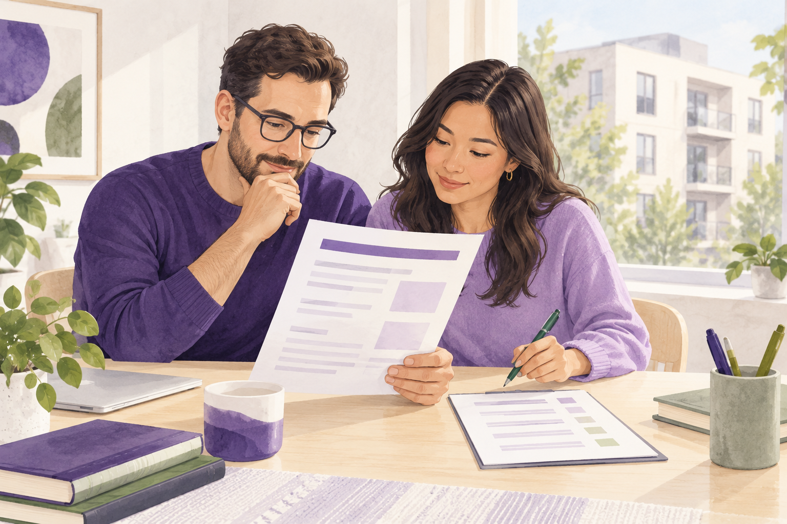 Two adults reviewing illustrative report pages together