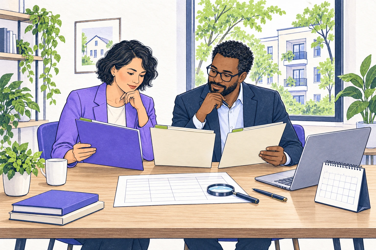A housing provider and colleague compare three report folders and a blank worksheet beside a laptop and magnifying glass in a bright rental office