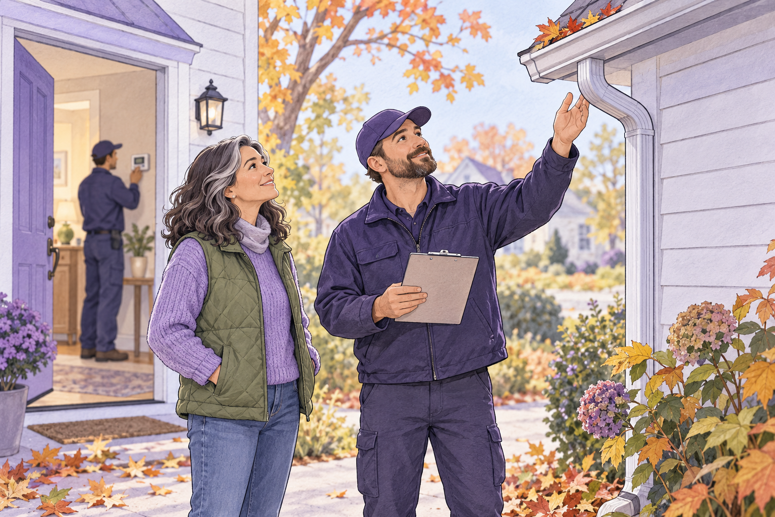 A landlord and maintenance professional review fall roof drainage from the ground while a technician checks heating controls indoors