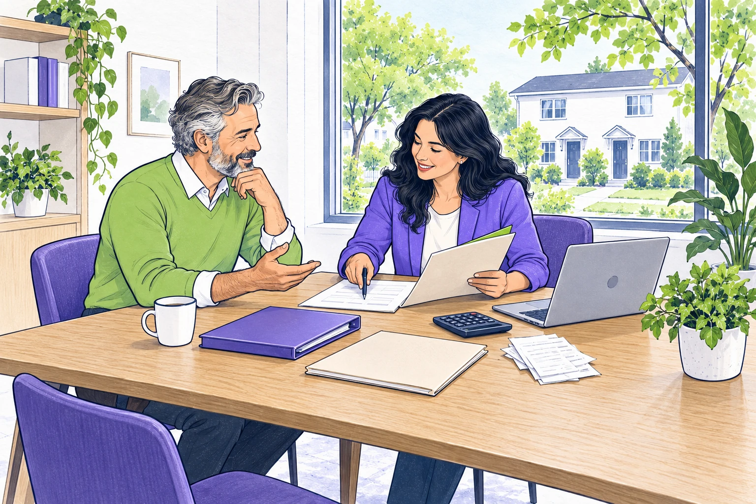 A rental owner and adviser review a property worksheet with separate folders, receipts and a calculator beside a window overlooking a duplex