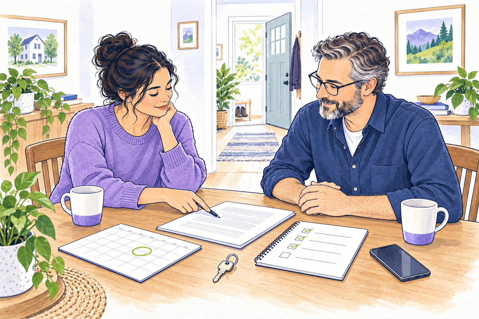 A renter and landlord calmly review a lease, checklist, and calendar together at a rental home
