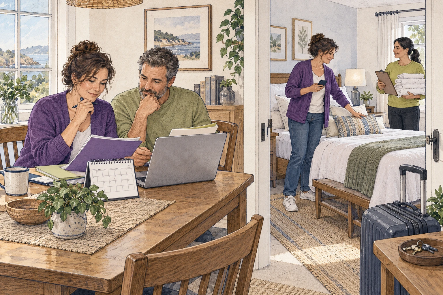 A rental owner and colleague review reservation records, then check a furnished guest room and turnover supplies before an arrival