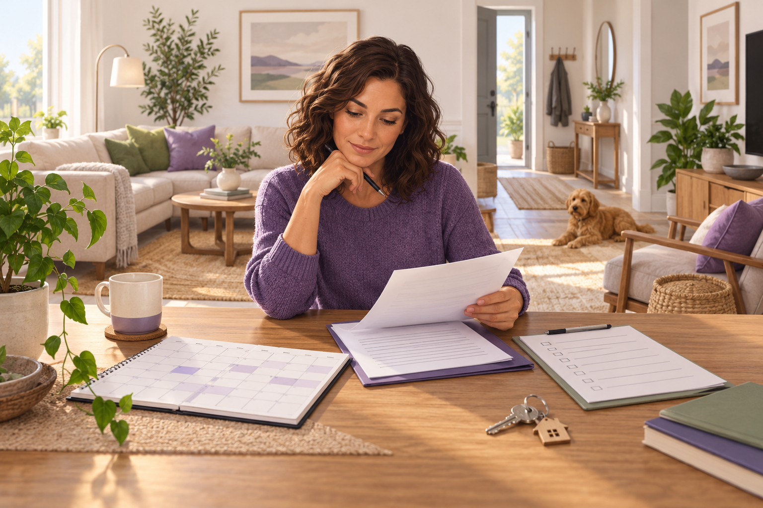 An owner reviews rental records and a residential lease in a furnished home being prepared for a longer tenancy