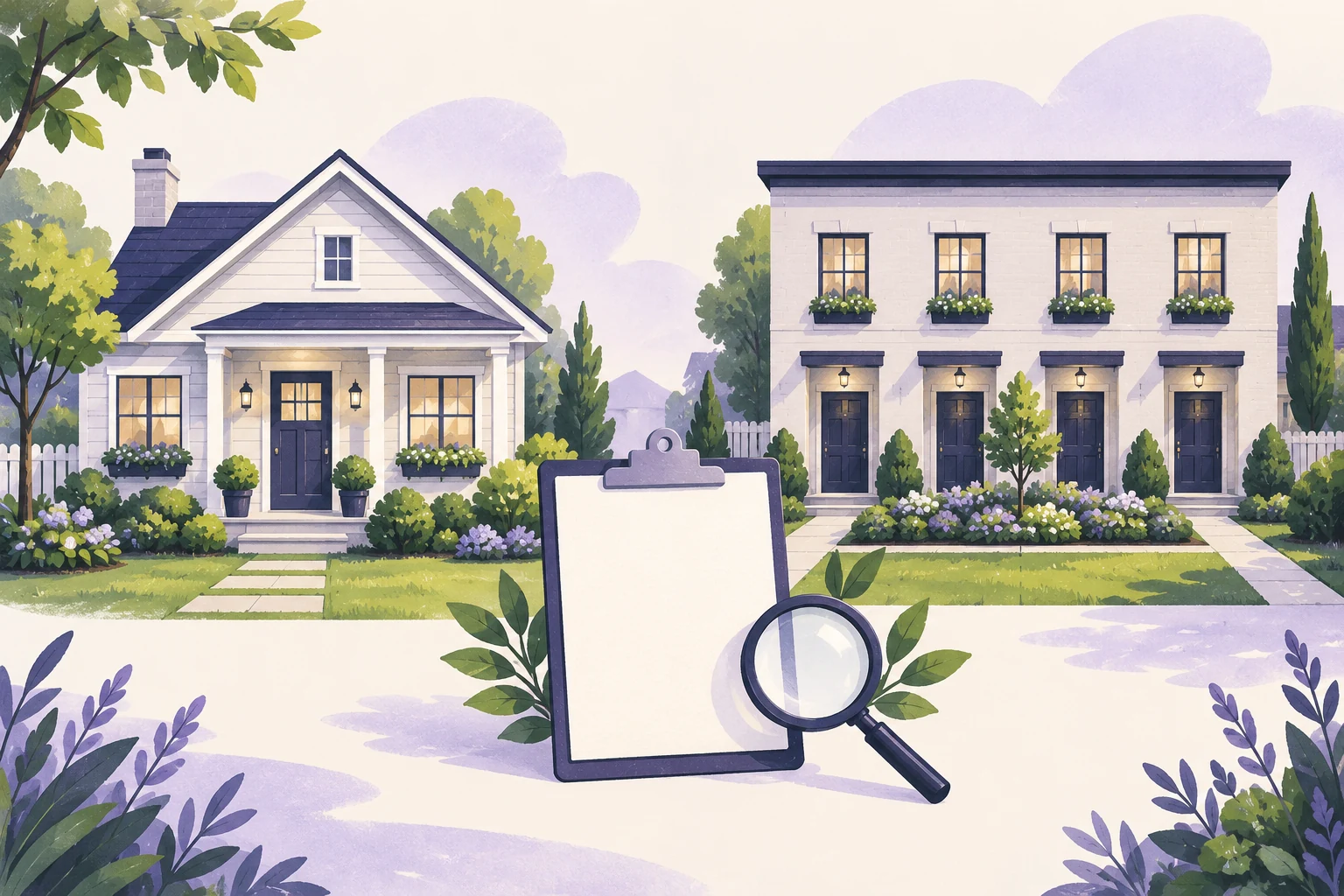 Editorial illustration comparing a detached rental house with a four-home apartment building, beside a blank clipboard and magnifying glass.