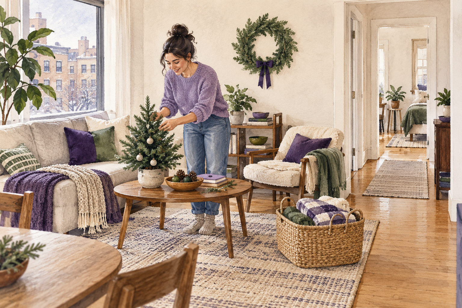 Original watercolor illustration of a renter decorating a compact living room while keeping the hallway clear