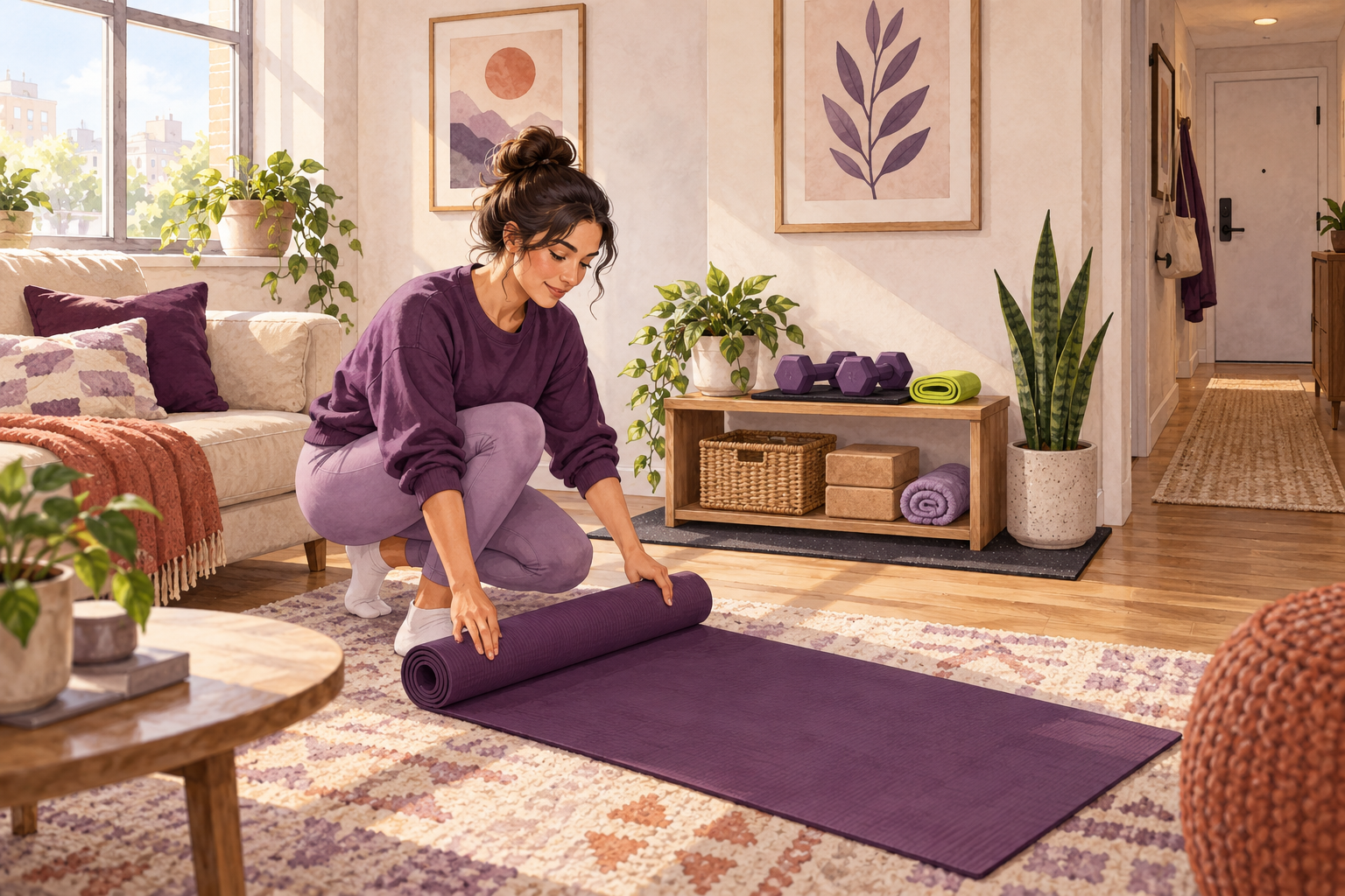 Watercolor illustration of a renter setting up a workout mat in a bright compact living room with equipment stored beside a clear hallway