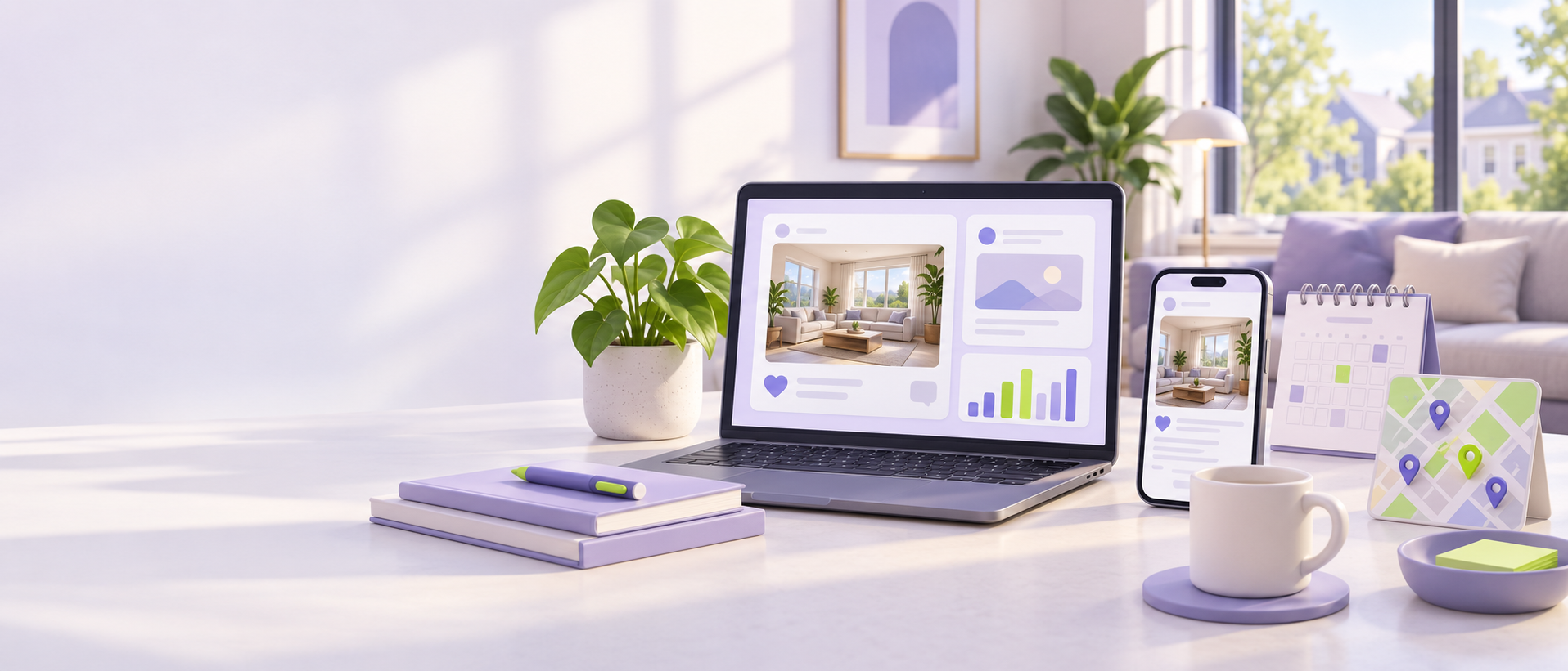 A calm rental-home interior beside a phone, laptop, calendar, and neighborhood map for planning accurate social posts