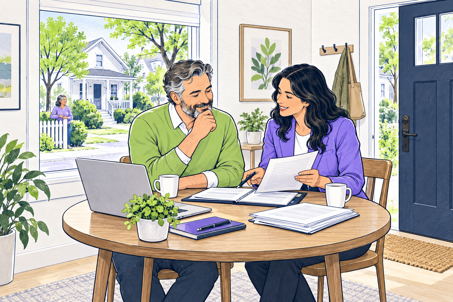 A rental owner reviews property records and local guidance with a housing-law professional in a calm home setting
