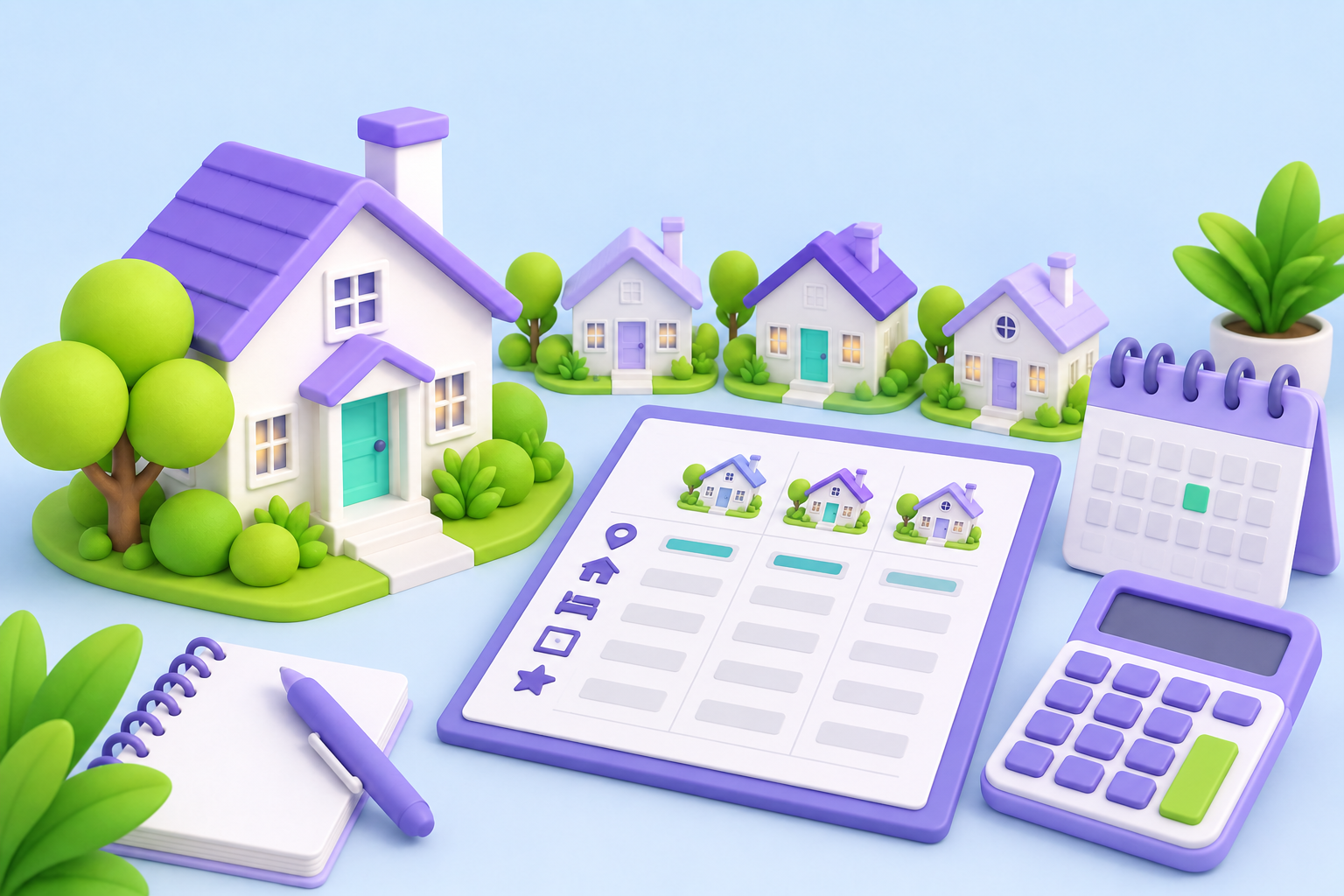 Soft 3D illustration of a rental home and neighboring comparable homes beside a pricing worksheet, calculator, and calendar in purple and lime accents