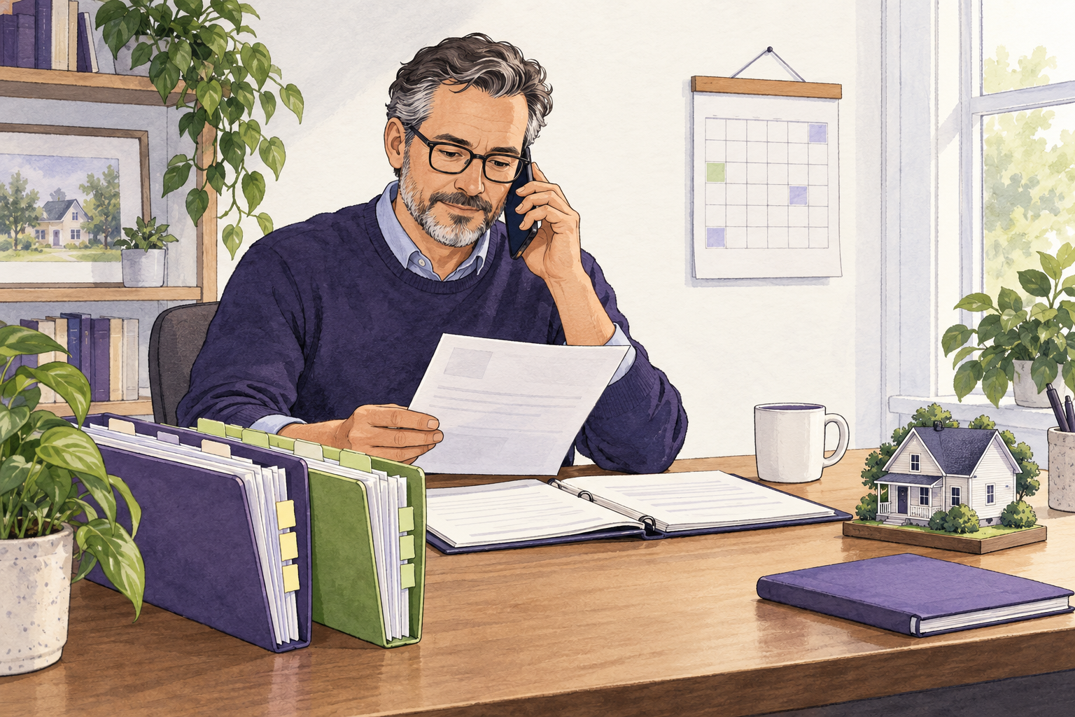 A landlord at a home-office desk reviews a court notice, lease, and separately dated rent records while speaking with an attorney