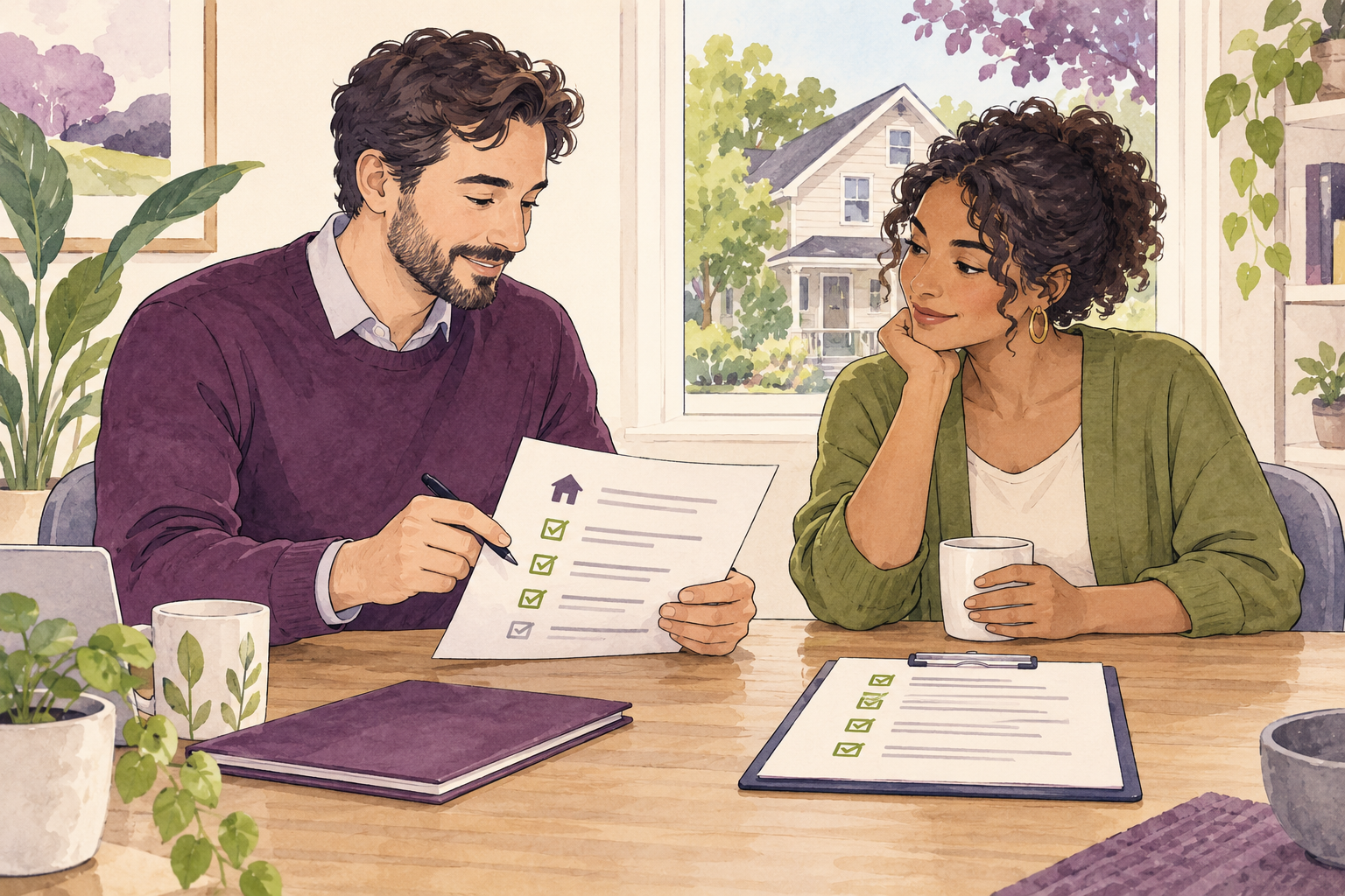 A new rental owner and resident review lease and handoff checklists together at a table in a bright rental home