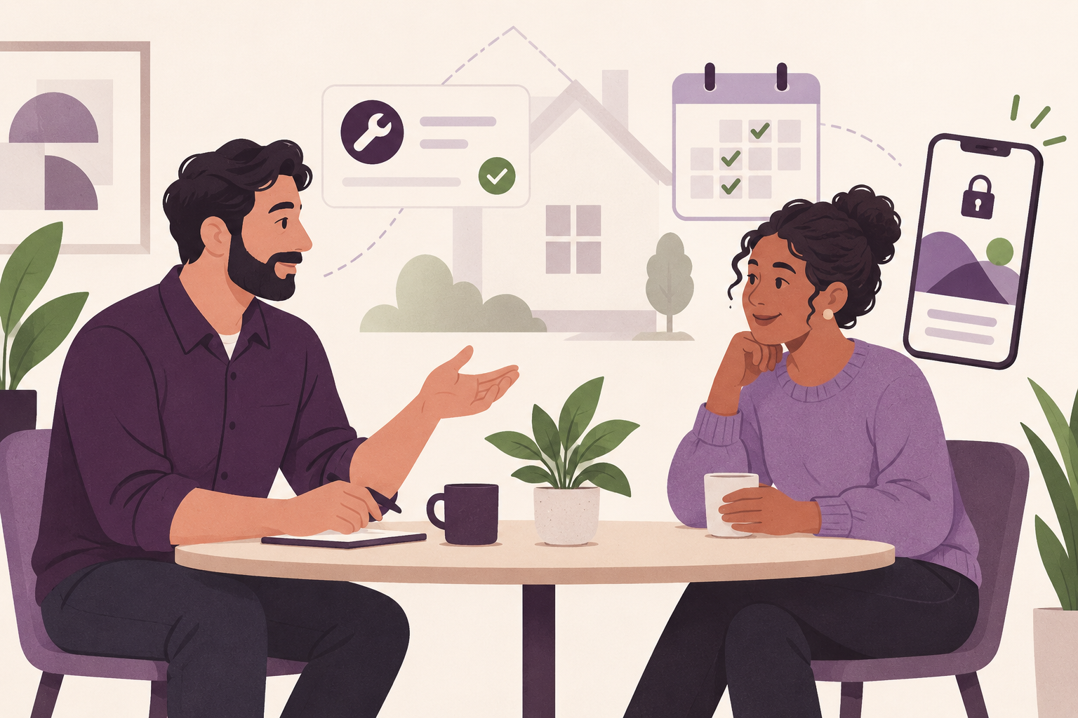 A housing provider and resident calmly discuss service expectations at a table beside a repair checklist and calendar