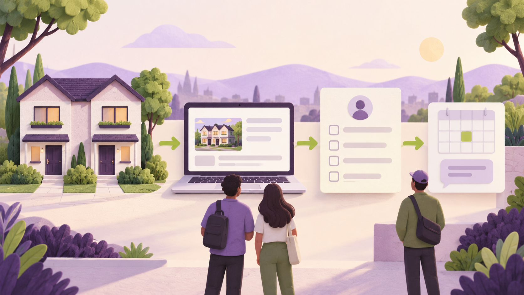 A housing provider reviews a rental listing, application checklist, and screening report with a renter