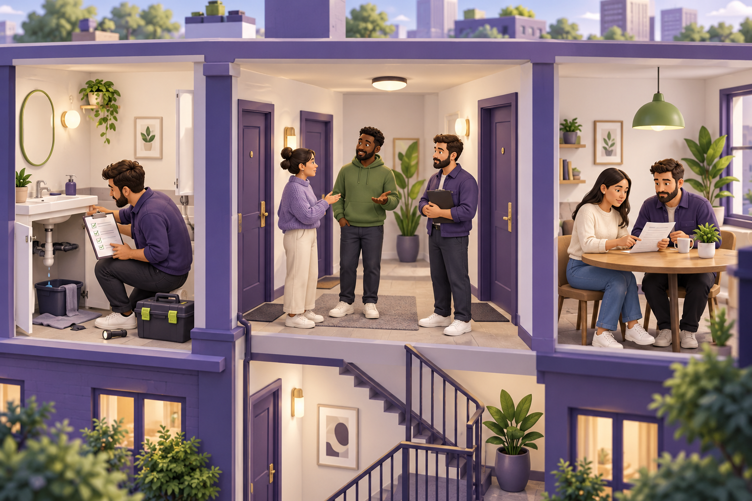 Three original rental scenes show a landlord recording a maintenance report, listening to neighbors, and reviewing a rent notice with a renter.