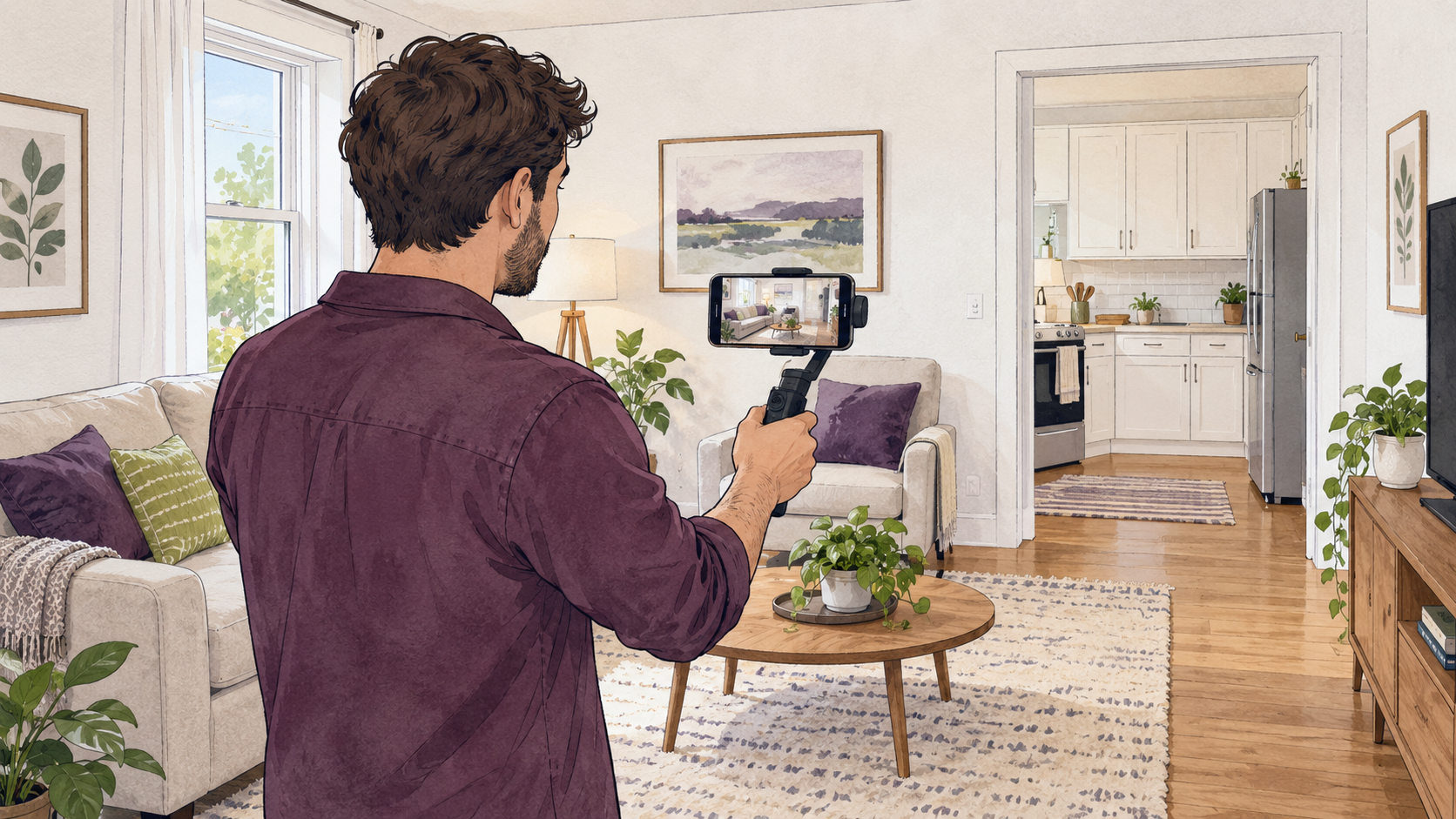 A property owner records a truthful room-by-room rental tour, with the phone showing only the living room and no interface controls