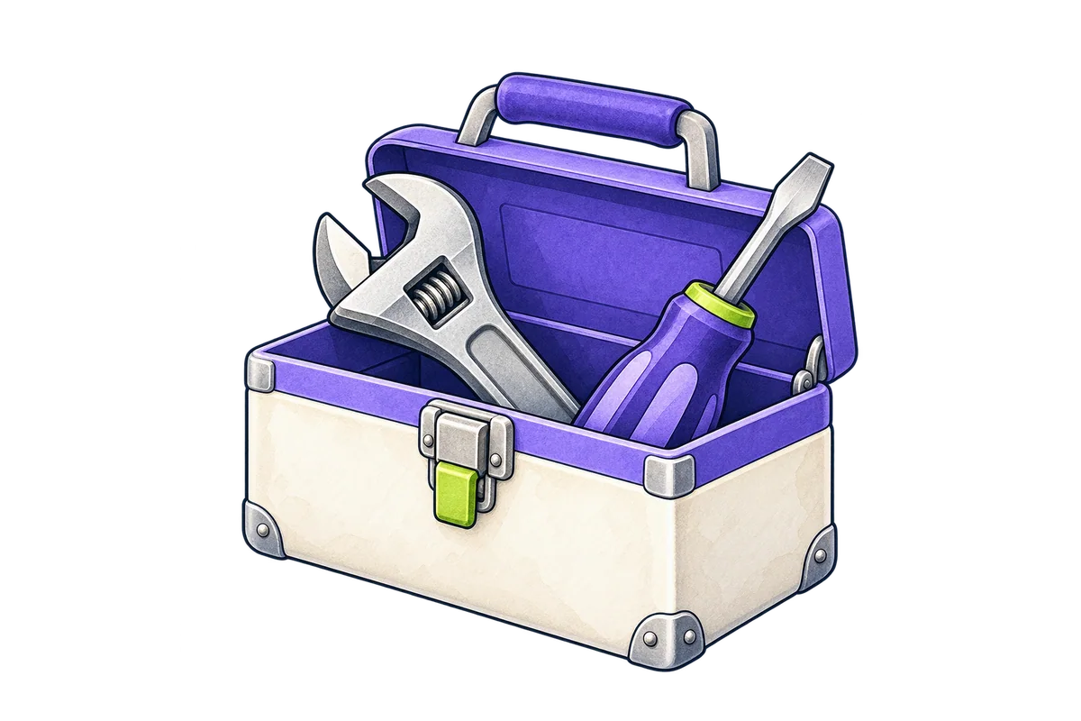 An organized landlord supply shelf with paint, tools, filters, a light bulb, and a lock, in the Rentari illustration style
