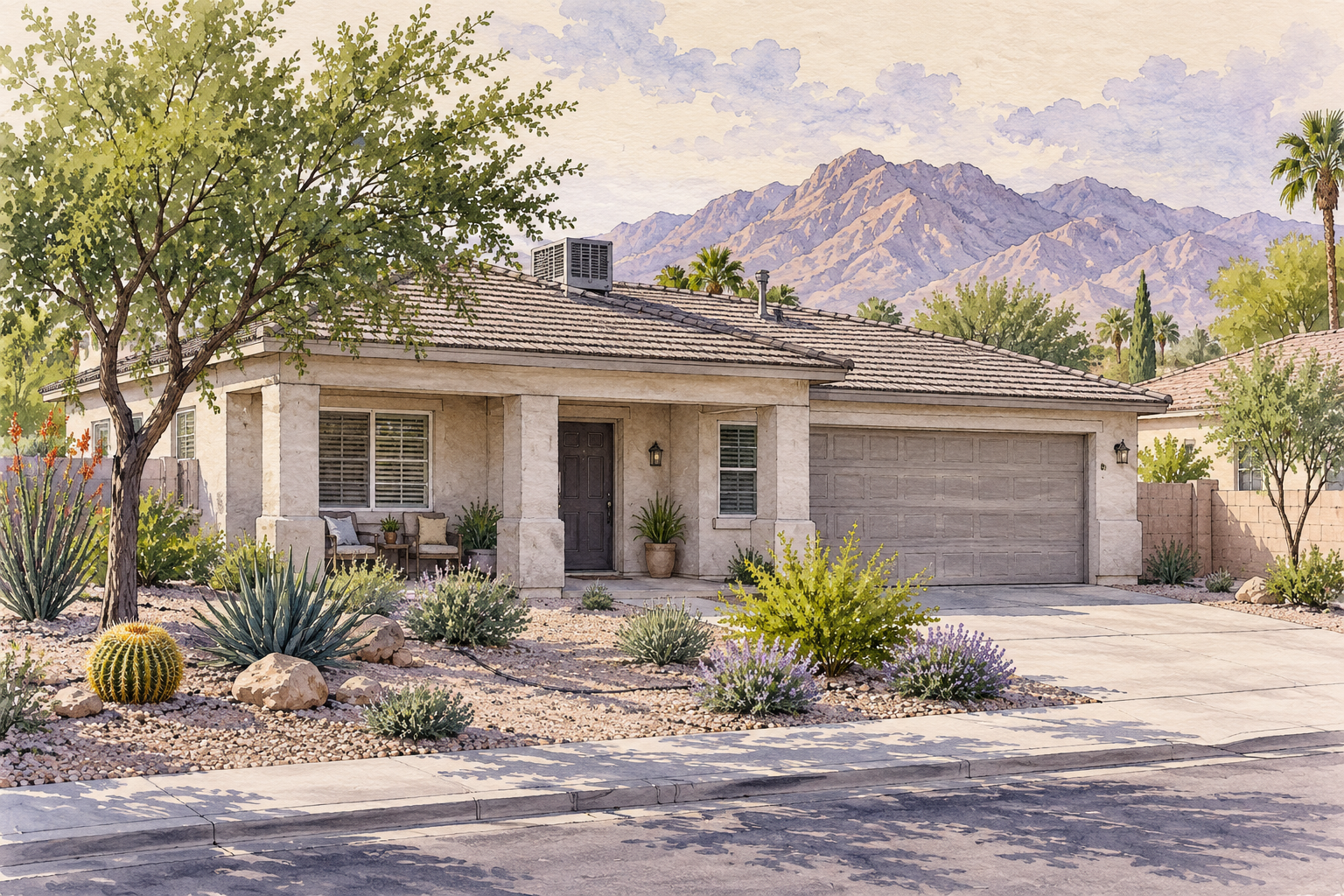 Watercolor illustration of a shaded desert rental home with cooling equipment, drought-conscious landscaping and distant mountains.