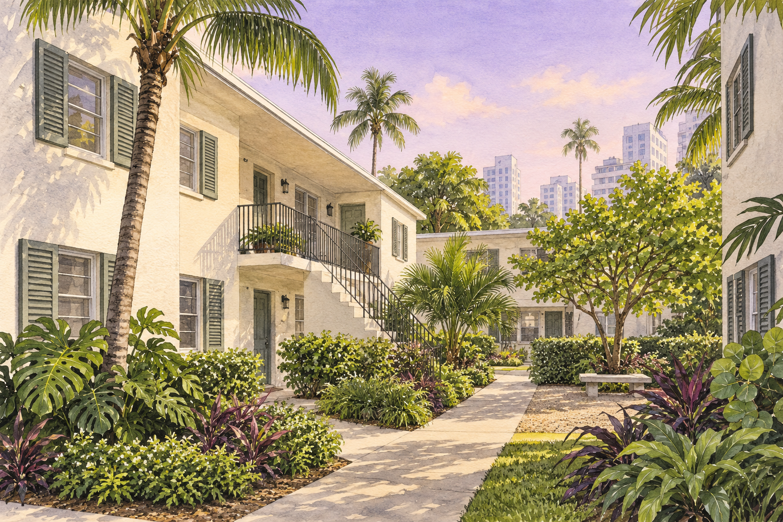 Watercolor illustration of a low-rise South Florida rental courtyard with shaded walkways, window shutters, palms and distant buildings.