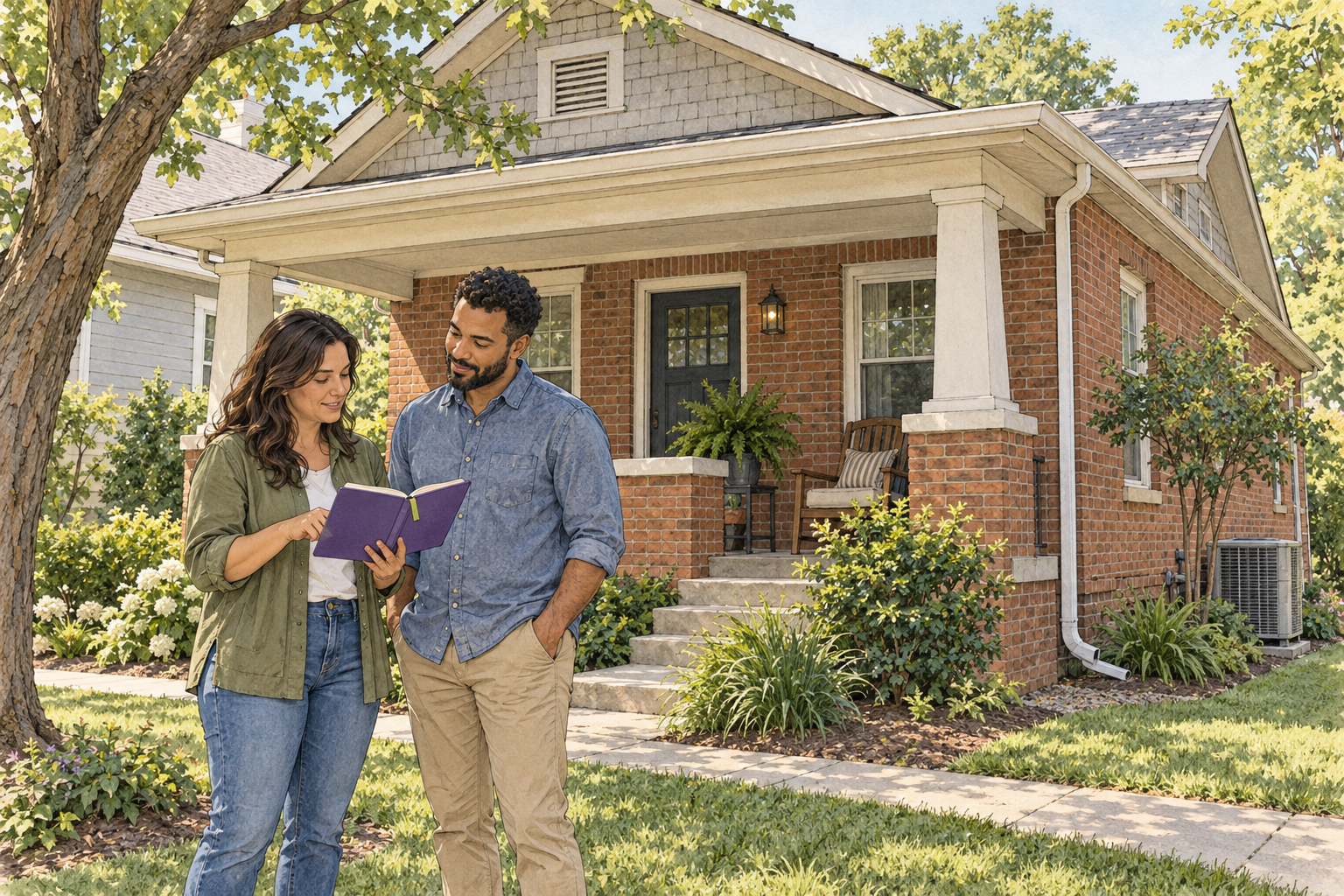 Original ink and watercolor illustration of two adults reviewing a purple maintenance notebook outside a Nashville brick rental bungalow