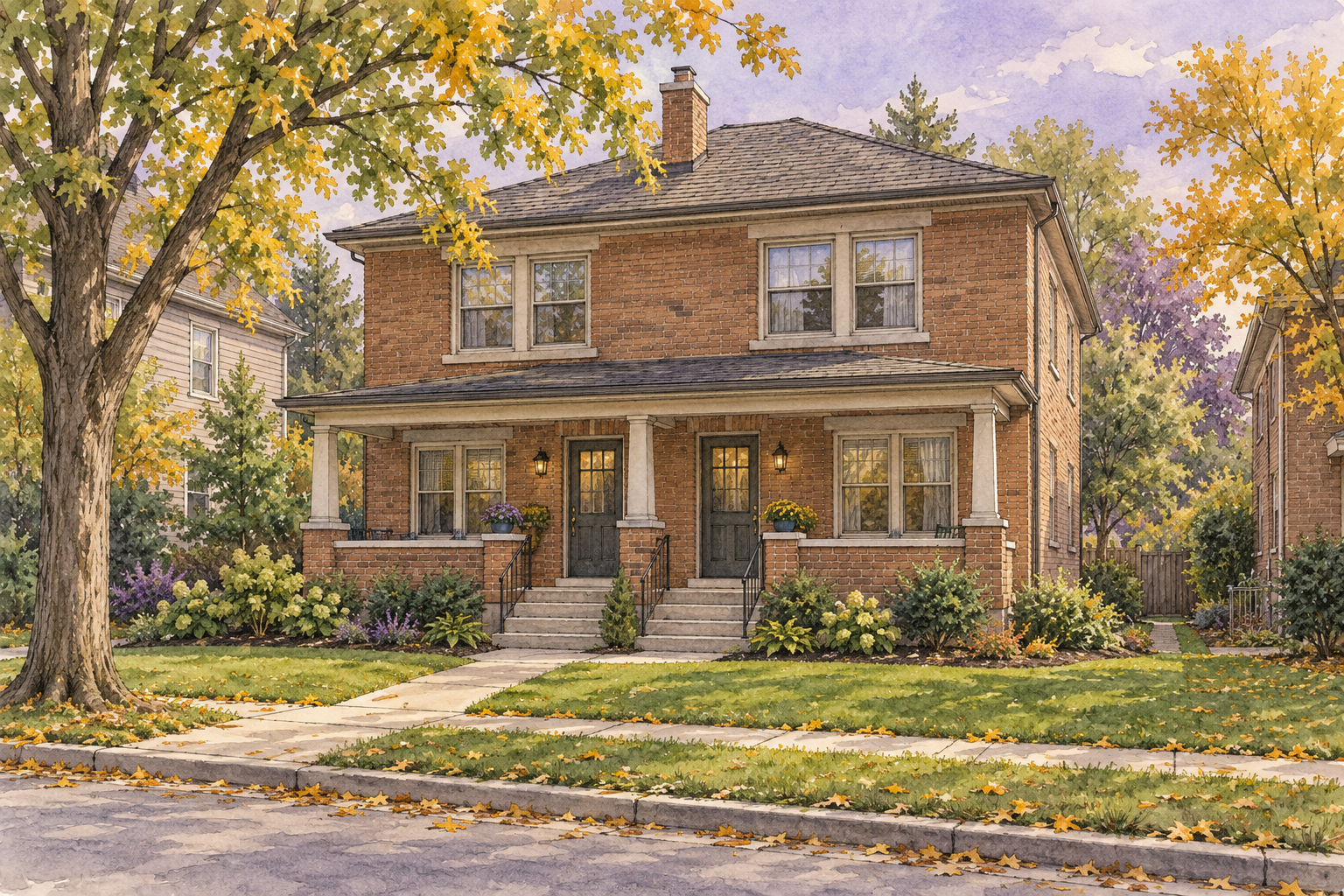 Original watercolor and ink illustration of a brick rental duplex with a porch and autumn trees.