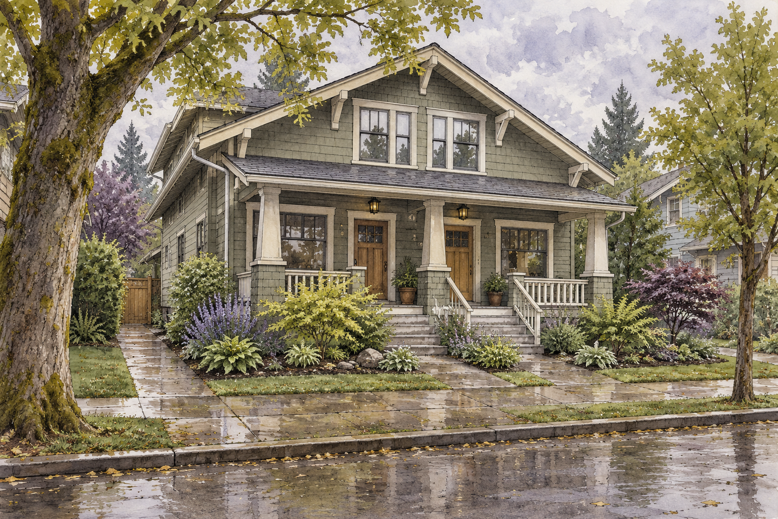 Original watercolor and ink illustration of a Craftsman rental duplex, front garden and wet sidewalk after rain.